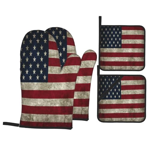 Oven Mitts and Pot Holders Sets of 4 High Heat Resistant Oven Mitts with Oven Gloves and Hot Pads Polyester Potholders for Kitchen Baking Grilling BBQ Non