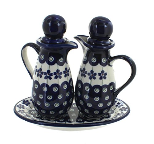 Blue Rose Polish Pottery Flowering Peacock Oil & Vinegar Set