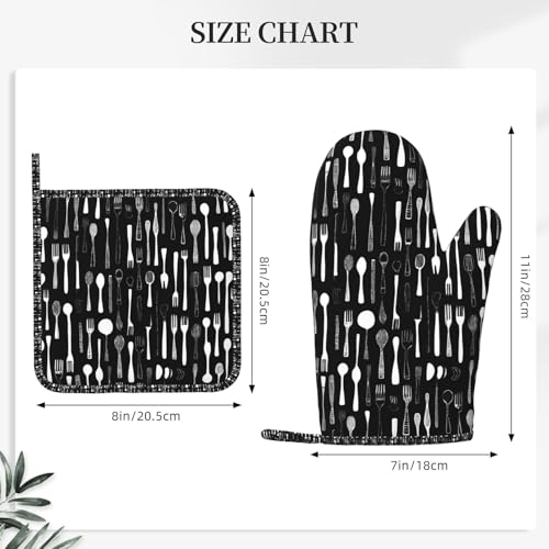 Oven Mitts Pot Holders Set Fork Spoon Pattern Black Silicone Kitchen Gloves Potholders Heat Resistant for Chef Baking Cooking Grilling BBQ 4 Pack Mitt (B0114)