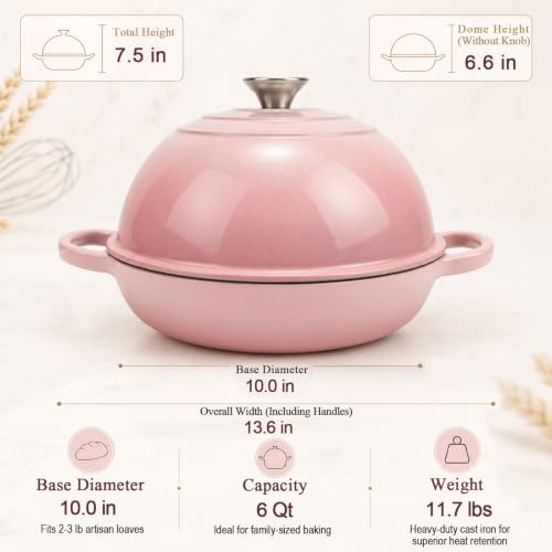 6QT Enameled Cast Iron Dutch Oven for Sourdough Bread Baking (Blush Pink)