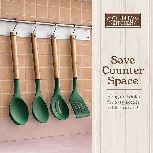 Non Stick Silicone Utensil Set with Rounded Wood Handles for Cooking and Baking (8 Piece Set / Green)
