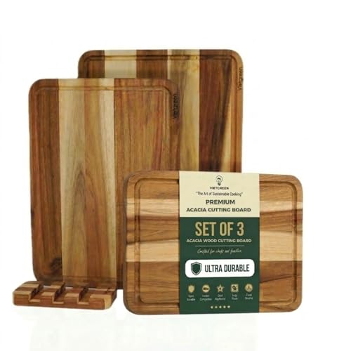 Acacia Wood Cutting Board Set of 3 with Stand (Acacia Wood - Edge Grain / 16x12 inches)