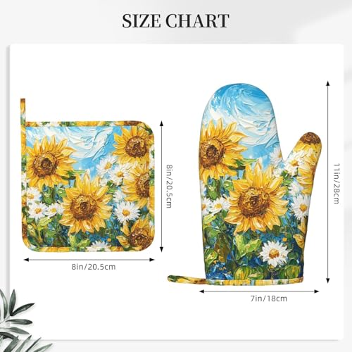 Oven Mitts and Pot Holders Sunflower Daisy Flower Art Silicone Kitchen Accessories Set of 4 Heat Resistant Long Gloves Potholder Non (A0664212)