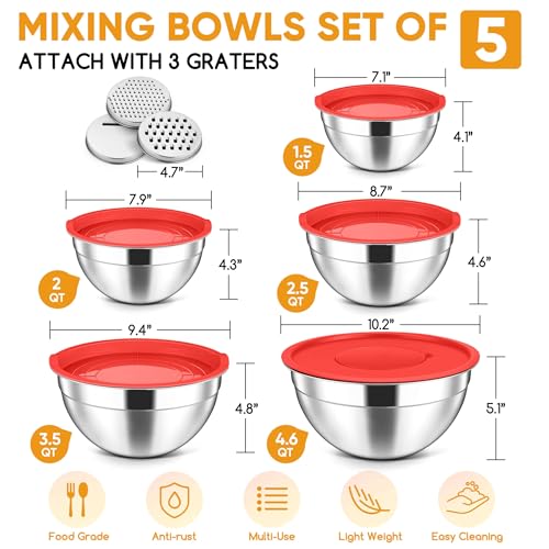 5 Piece Mixing Bowls with Airtight Lids (Red / 4.6, 3.5, 2.5, 2, 1.5QT)