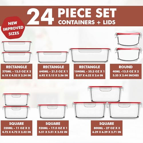 24 Pc Airtight Glass Food Storage Containers (Red)