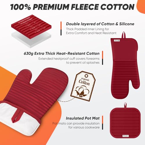 Oven Mitts Kitchen Towels and Dishcloths with Pot Holders Sets (Red)