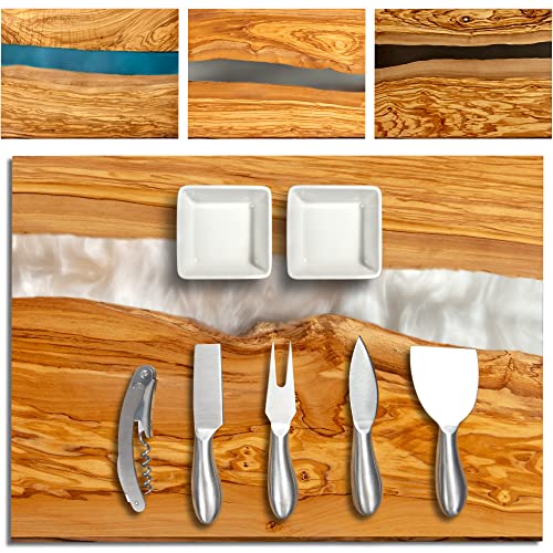 Handcrafted Italian Olive Wood Cheese & Charcuterie Board Set with Unique Black Resin Artwork