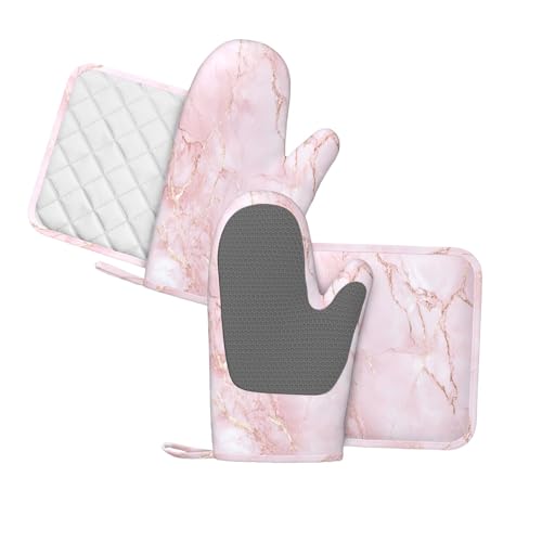 Oven Mitts and Pot Holders Light Pink Marble Art Silicone Kitchen Accessories Set of 4 Heat Resistant Long Gloves Potholder Non (A06321111)