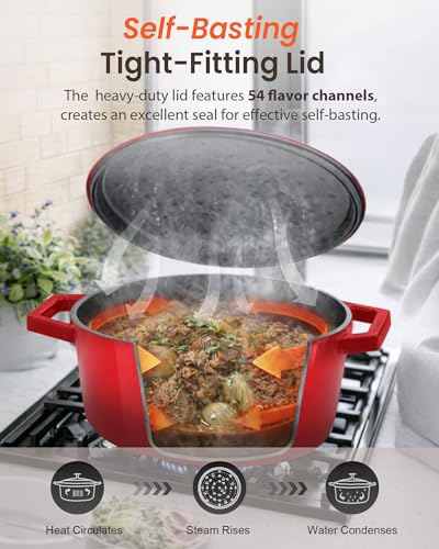 6QT Cast Iron Dutch Oven Pot with Lid (Crimson / 6qt Regular)