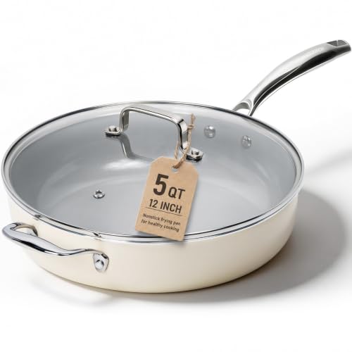 12 INCH Ceramic Nonstick Deep Frying Pan with Lid (Cream & Grey / 12 Inch /5 QT)