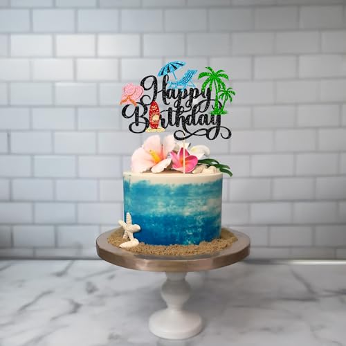 1Pcs Summer Beach Happy Birthday Cake Topper Glitter Ball Tree Umbrella Pool Cake Pick for Hawaiian Holiday Baby Shower Birthday Party Cake Decorations Supplies Blue