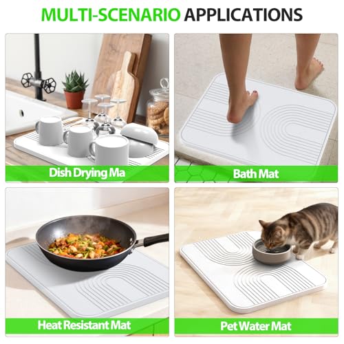 2 PCS Stone Dish Drying Mat ＆ Silicone Mat for Kitchen Counter (White / 16.1" x 12.4")