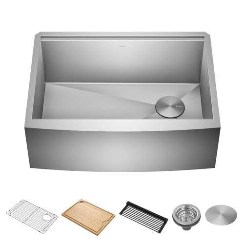 Kore 27 Inch Farmhouse Workstation 16 Gauge Stainless Steel Kitchen Sink with Accessories (27 Inch / Rounded Farmhouse / Stainless Steel)