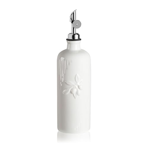 Sweejar Ceramic Olive Oil Dispenser Bottle for Kitchen Counter (White / 20 oz (Silver Spout))