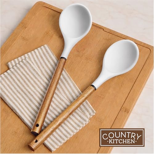 Non Stick Silicone Utensil Set with Rounded Wood Handles for Cooking and Baking (8 Piece Set / White)