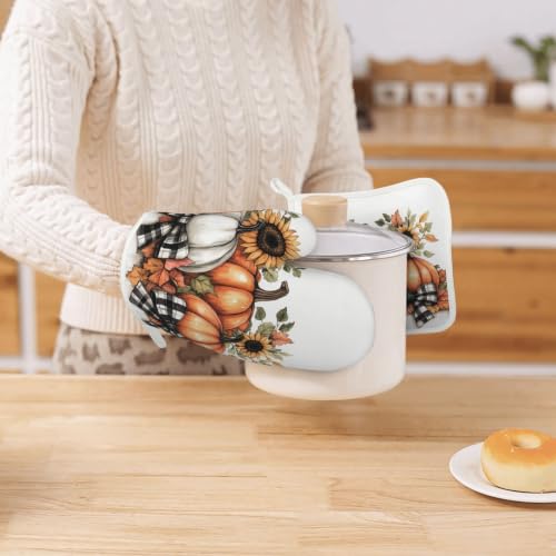 Oven Mitts and Pot Holders Set Pumpkin Thanksgiving Fall Silicone Kitchen Accessories 4 Piece Heat Resistant Long Gloves Potholder Non (C03)