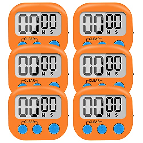 6 Pack Small Digital Kitchen Timer Magnetic Back and ON (Orange)