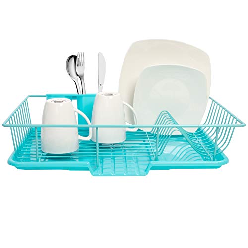 Dish Rack Drainer with Drying Board and Utensil Holder (Turquoise)
