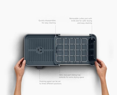 Extend Slim Steel Expandable Dish Drying Rack with Removable Cutlery Holder and Swivel Draining Spout (Slim / Gray)