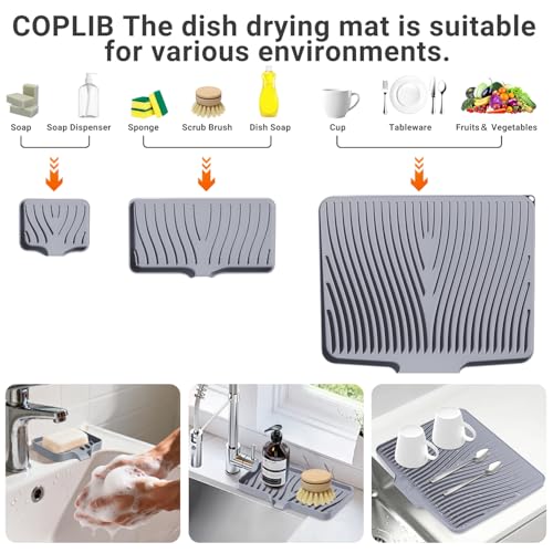 Silicone Dish Drying Mat for Kitchen counter (Grey-Set / 15.8" x 13")