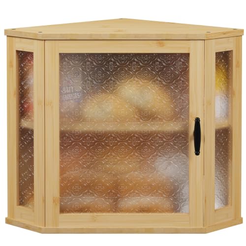 Corner Bread Box for Kitchen Countertop Double Layer Bamboo Wood Large Capacity Bread Storage Container Retro Vintage Farmhouse (Natural / Medium)