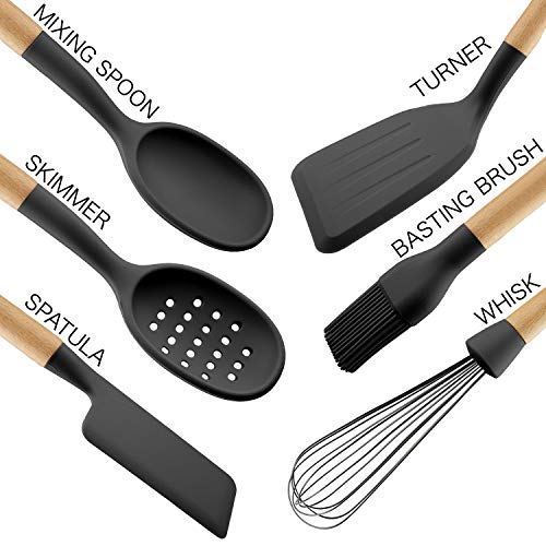 Non Stick Silicone Utensil Set with Rounded Wood Handles for Cooking and Baking (6 Piece Set / Black)