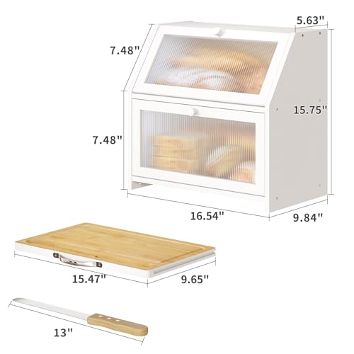 Extra Large Bread Box with Cutting Board Bamboo Wood Bread Box for Kitchen Counter (White)