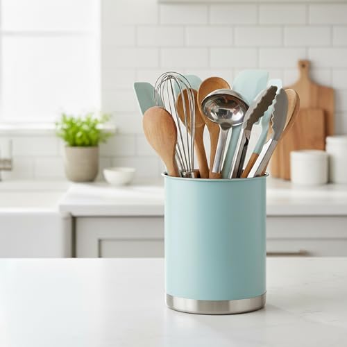 Heavy Gauge Weighted Base Stainless Steel Tool Crock Utensil Holder Flatware Organizer