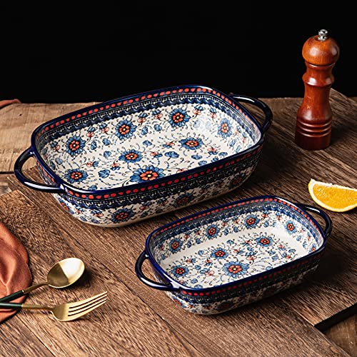 Baking Dish Ceramic Baking Pan Blue Casserole Dish Rectangular Baking Set 2pcs Bakeware Sets Single Serving Size Lasagna Pan Baking Dishes for oven