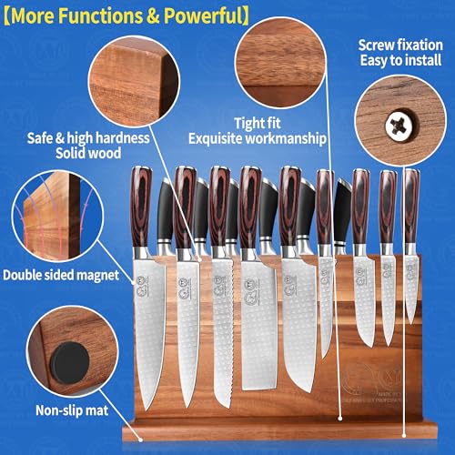 Extra Large Magnetic Knife Block Acacia Wood Knife Set Holder Stand With Stronge Magnetic Strip Kitchen Knives Storage Rack Organizer Tools No Drilling (dark wood color / 15.5*8.7 inch without board)