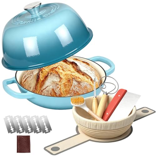 6QT Enameled Cast Iron Dutch Oven Bread Baking Gift Set (Blue)
