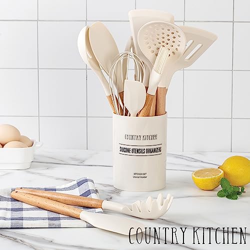 Non Stick Silicone Utensil Set with Rounded Wood Handles for Cooking and Baking (14 Piece Set / Khaki)