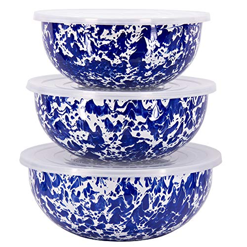 Enamelware Nested Mixing Bowls with Lids (Set of 3 - 3, 3.5 & 4.5 quarts / Cobalt Swirl)