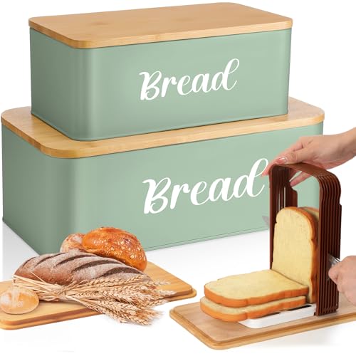 2 Pcs Extra Large Bread Box for Kitchen Counter with Slicer (Green)