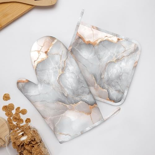 Oven Mitts and Pot Holders Gray Pastel Pink Marble Absstract Silicone Kitchen Accessories Set of 4 Heat Resistant Long Gloves Potholder Non (A09)