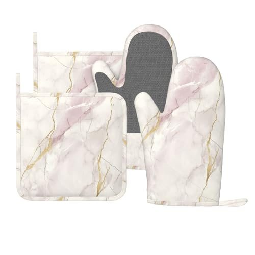 Oven Mitts and Pot Holders Light Pink White Marble Silicone Kitchen Accessories Set of 4 Heat Resistant Long Gloves Potholder Non (A06642)