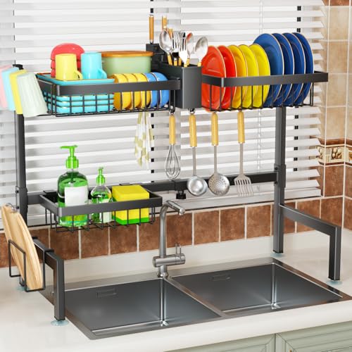 2 Tier Over The Sink Dish Drying Rack (Black / 2 tiers 3 baskets)