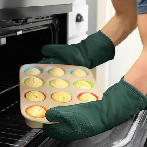 BPA Free Silicone Oven Mitts Ultra Heat Resistant up to 500°F (Green / 2-Piece 13.7" Oven Mitts)
