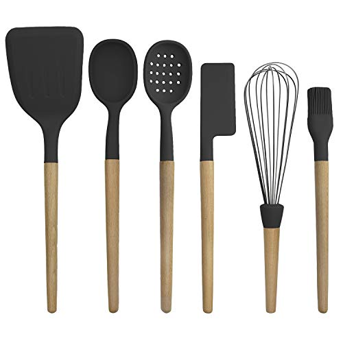 Non Stick Silicone Utensil Set with Rounded Wood Handles for Cooking and Baking (6 Piece Set / Black)