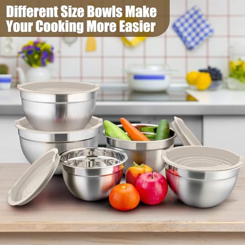 Metal Mixing Bowls with Lids Set (Khaki / Airtight Lids)