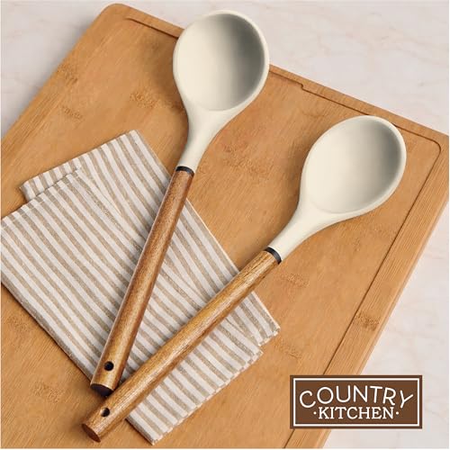 Non Stick Silicone Utensil Set with Rounded Wood Handles for Cooking and Baking (8 Piece Set / Khaki)