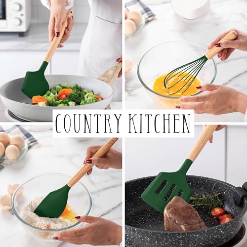 Non Stick Silicone Utensil Set with Rounded Wood Handles for Cooking and Baking (38 Piece Set / Green)