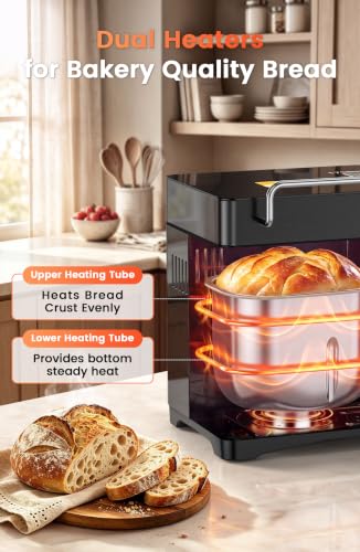 17-in-1 Bread Maker-Dual Heaters, 710W Bread Machine Stainless Steel with Gluten-Free,Ceramic Pan& Touch Panel, 3 Loaf Sizes 3 Crust Colors,Recipes