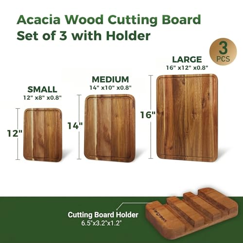 Acacia Wood Cutting Board Set of 3 with Stand (Acacia Wood - Edge Grain / 16x12 inches)