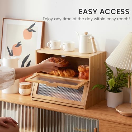 Double Layer Bamboo Bread Box for Kitchen Counter (Natural / Medium)