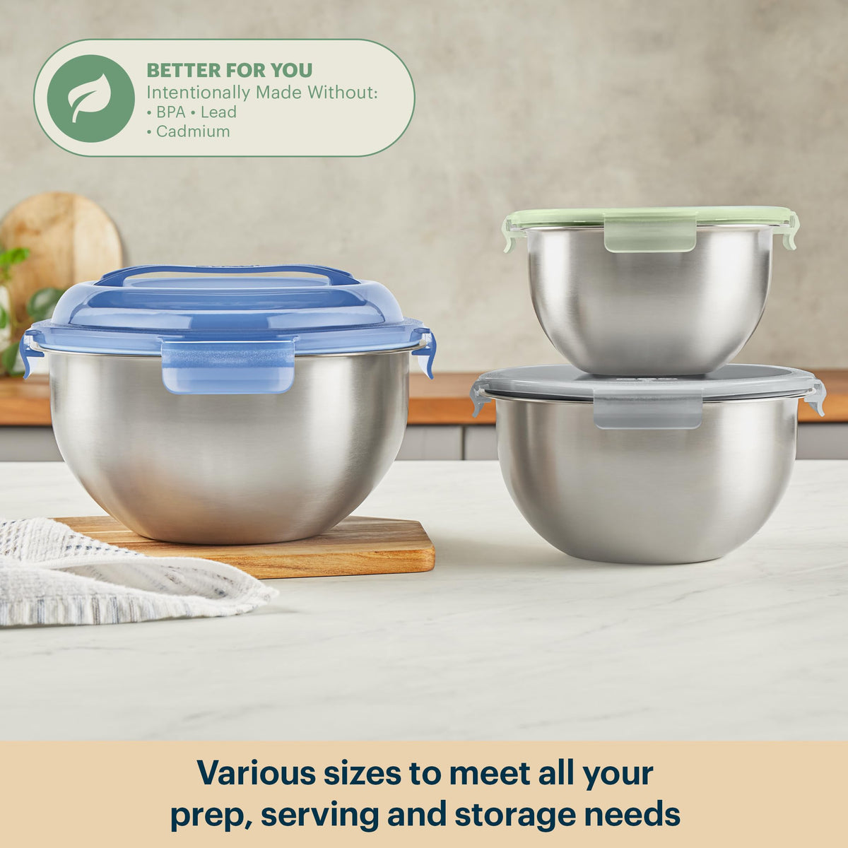 3 Pack Metal Stainless Steel Mixing Bowls with Airtight Locking Lids (3-Pack)