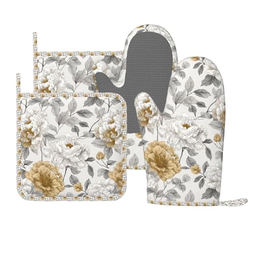 Oven Mitts Pot Holders Set Rustic Flower Peony Floral Silicone Kitchen Gloves Potholders Heat Resistant for Chef Baking Cooking Grilling BBQ 4 Pack Mitt (B0118)