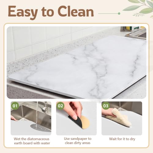 32" x 18" Extra Large Stone Dish Drying Mat for Kitchen (White Marble / 32" x 18")