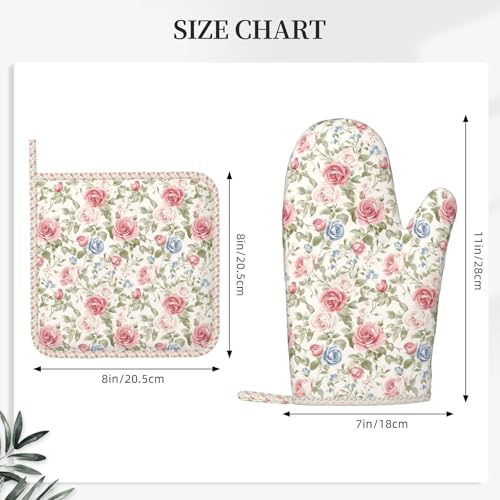 Oven Mitts and Pot Holders Flower Boho Rose Floral Silicone Kitchen Accessories Set of 4 Heat Resistant Long Gloves Potholder Non (A097)