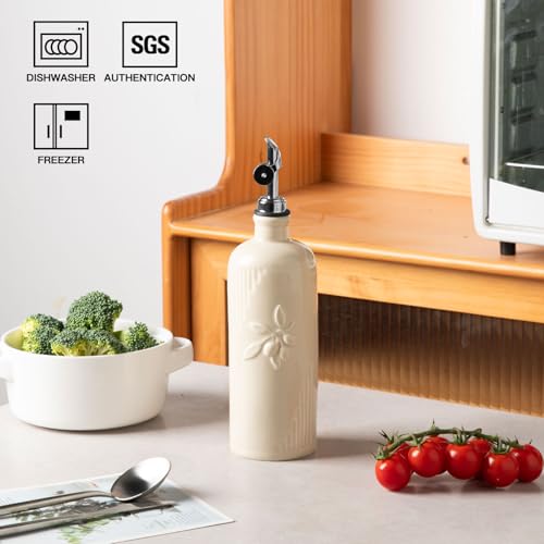 Sweejar Ceramic Olive Oil Dispenser Bottle for Kitchen Counter (Beige / 20 oz (Silver Spout))